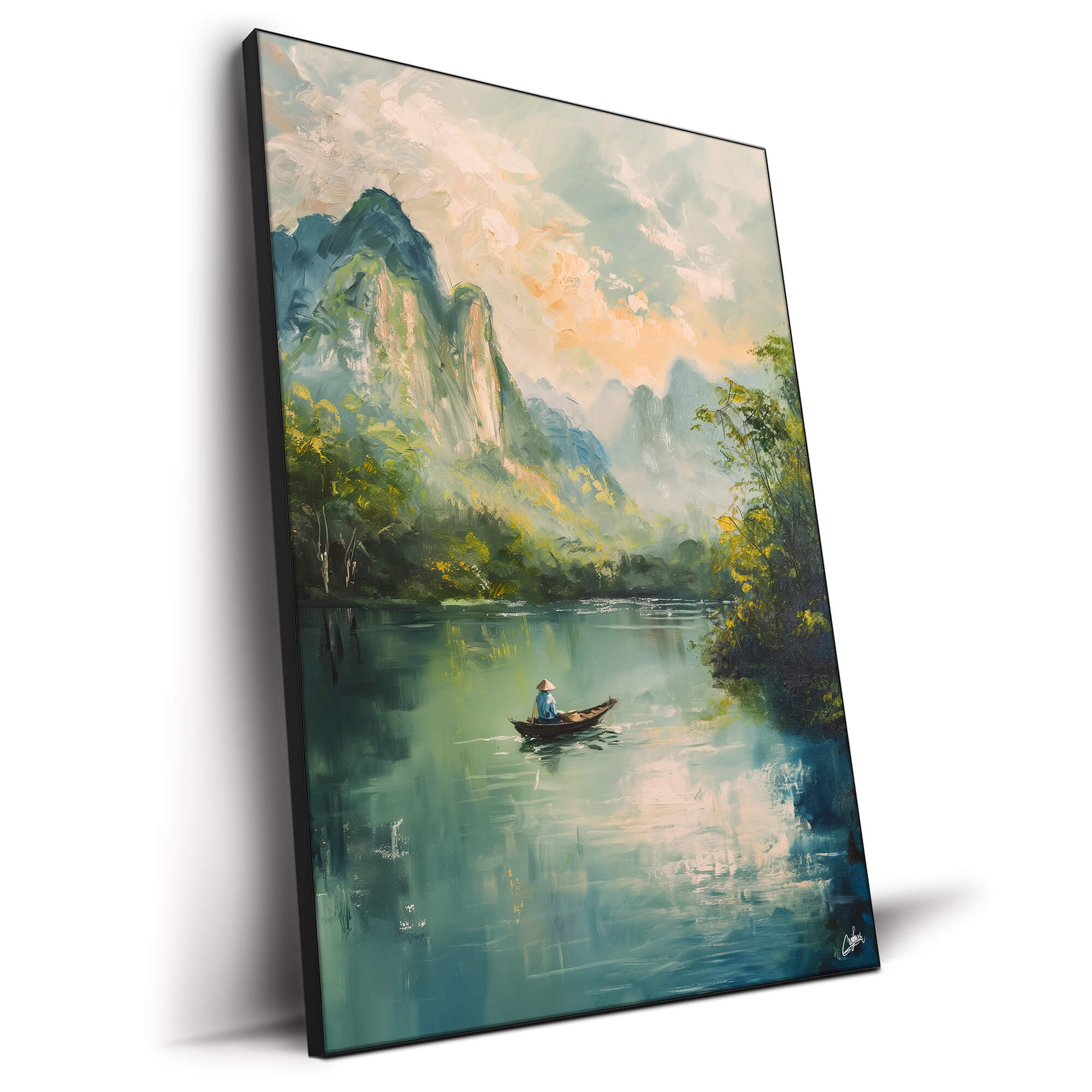 Wall Art Painterly Texture Lone Boat Misty Mountains