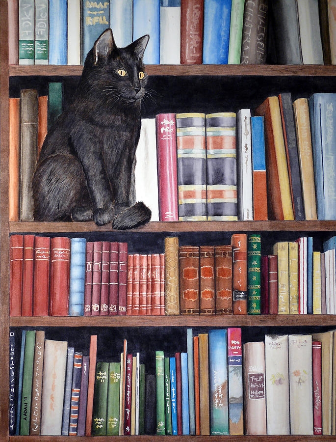 Wall Art: Scholarly Bookshelf Illustration and Cat