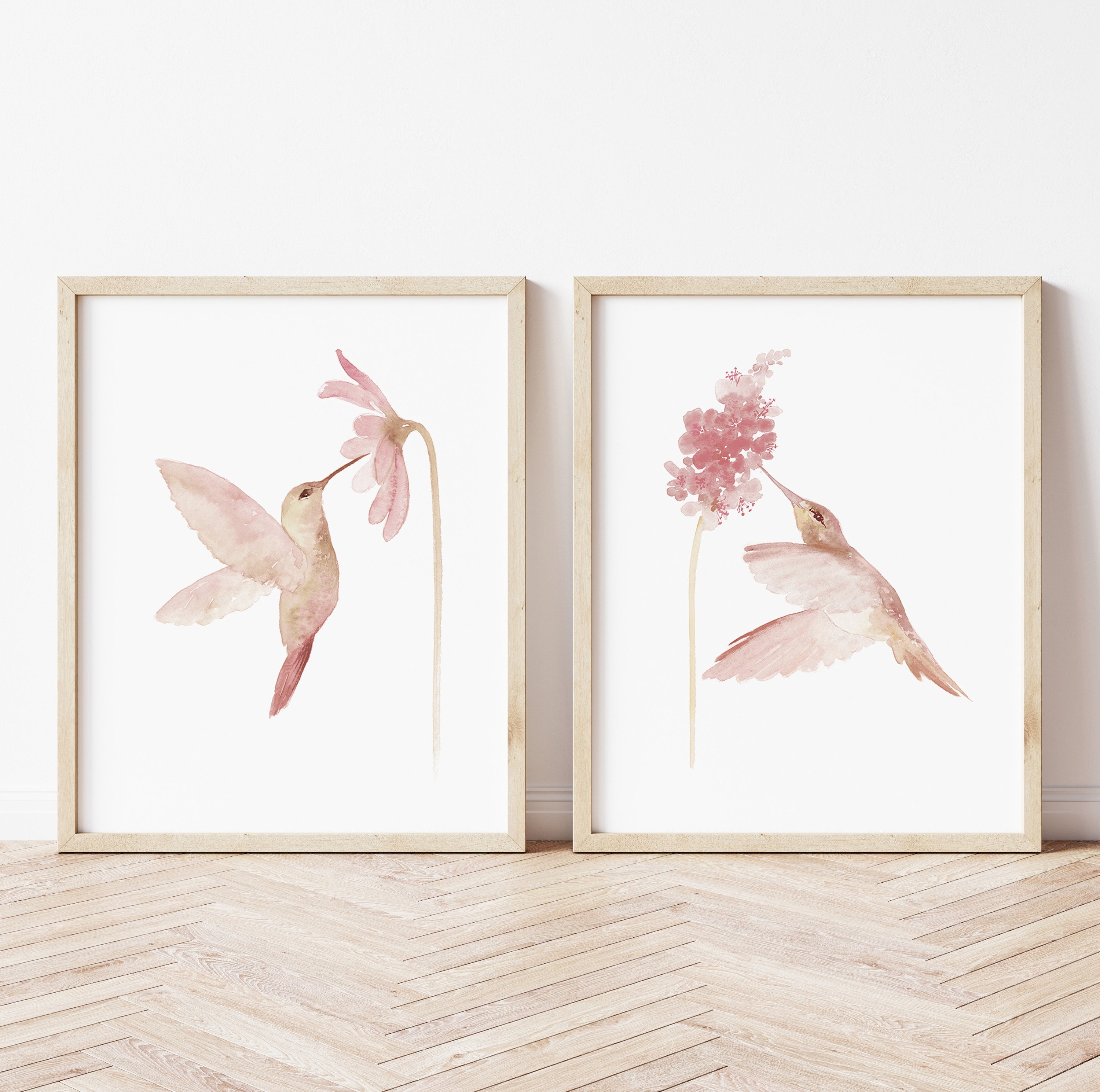 Wall Art Set: Blush Pink Watercolor Hummingbird Botanical Prints