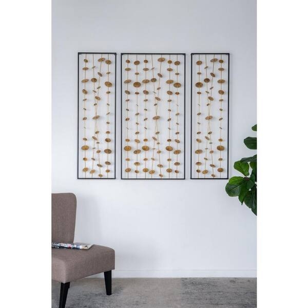 Wall Art Set: Gold Metal Disks Vertical Black Frames