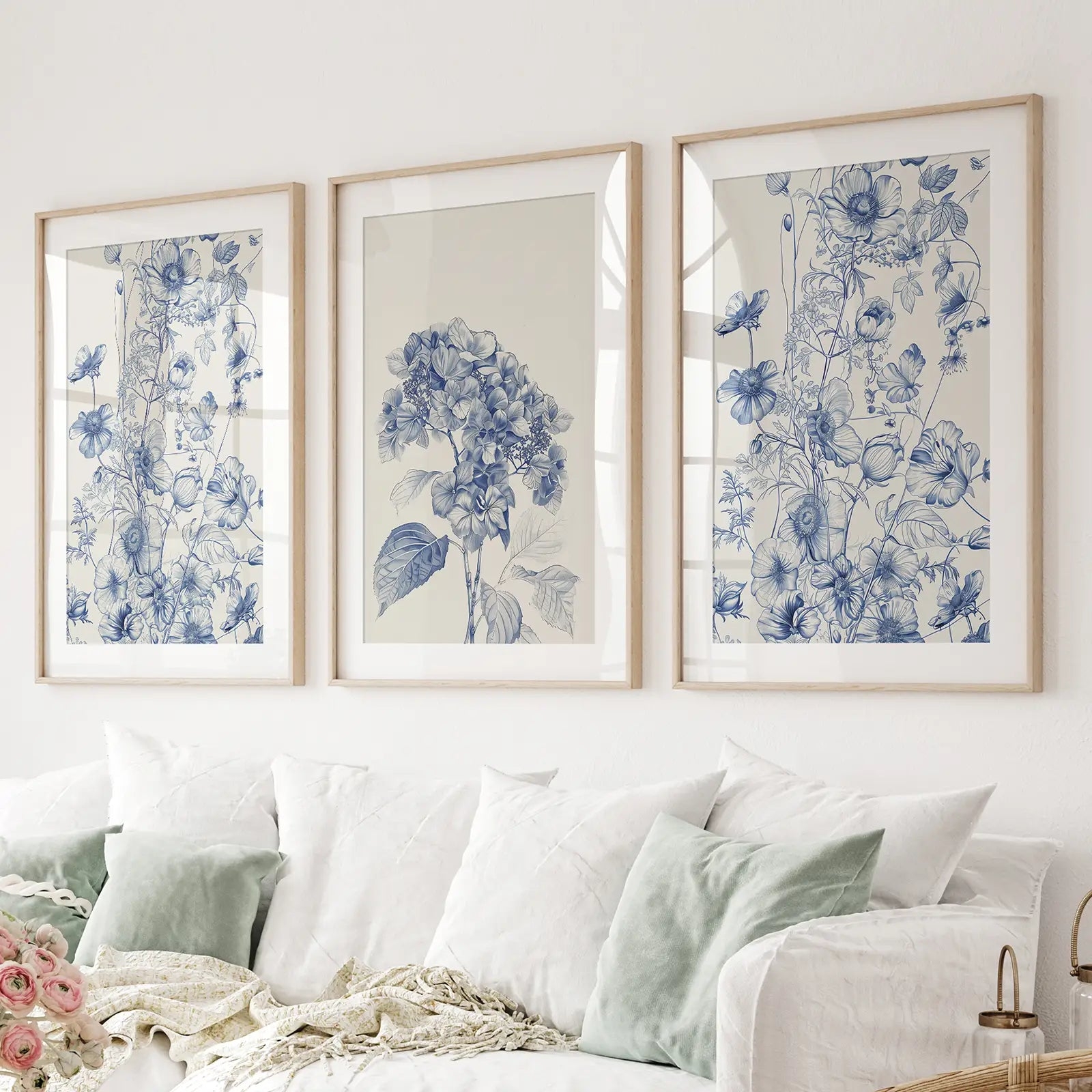 Wall Art Set of Blue Watercolor Florals and Thin Wood Frames