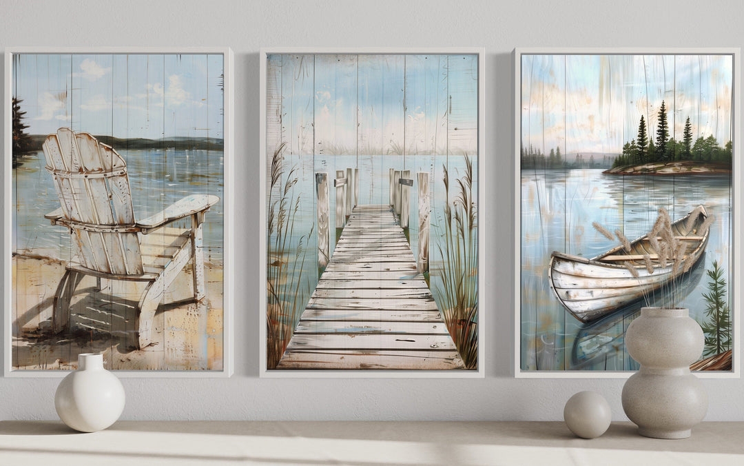 Wall Art Set Triptych Panels Plank Texture Lake House