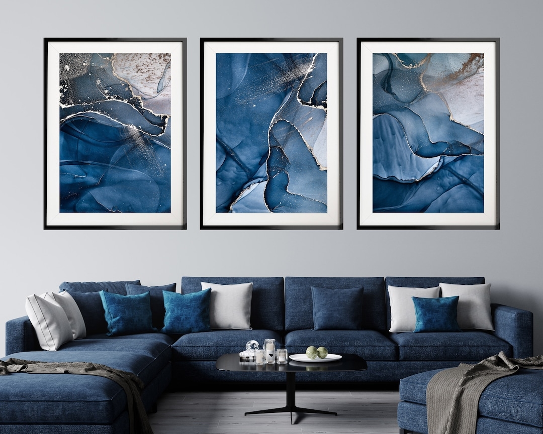 Wall Art Set with Navy Blue Triptych and Ink Accents