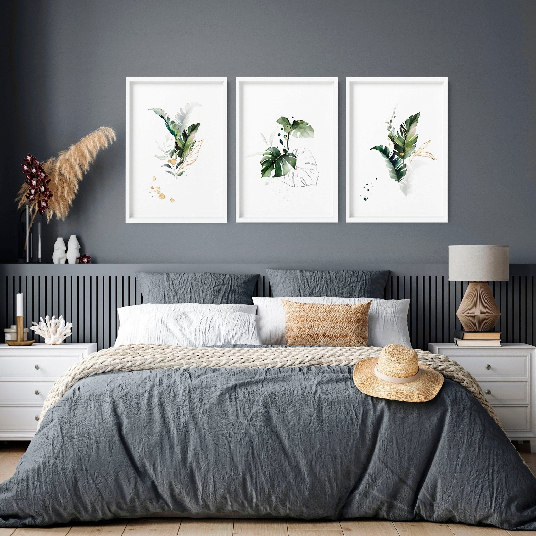 Wall Art Set with Triptych Botanical Prints and White Frames