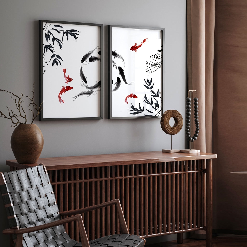 Wall Art Slatted Sideboard Koi Fish Art Minimalist Zen