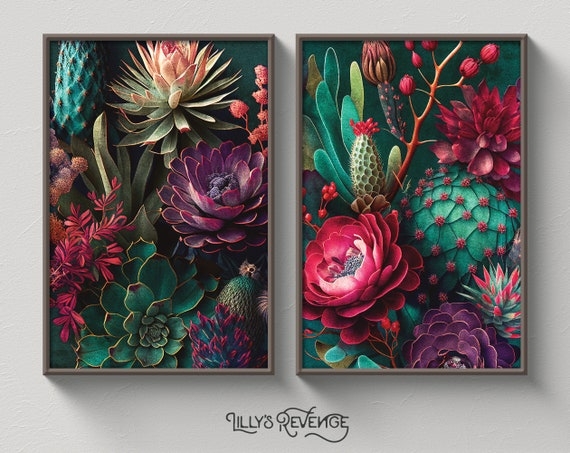 Wall Art Succulents Diptych Set Dark Desert Floral Art