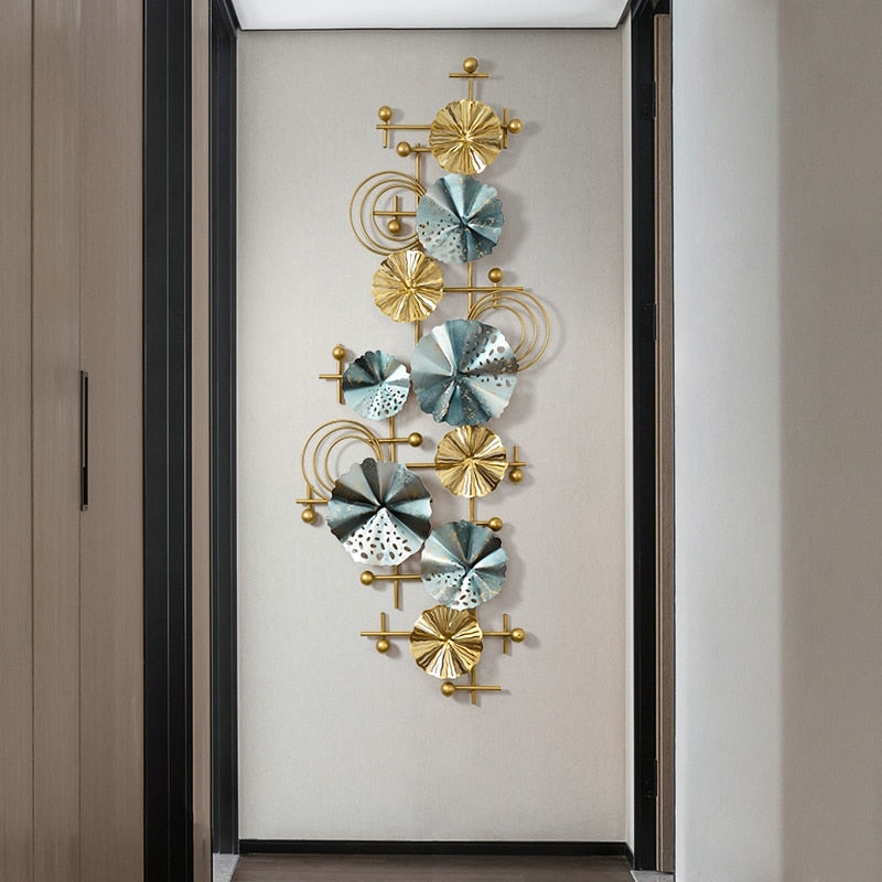 Wall Art: Vertical Geometric Frame Layered Teal Gold Disks