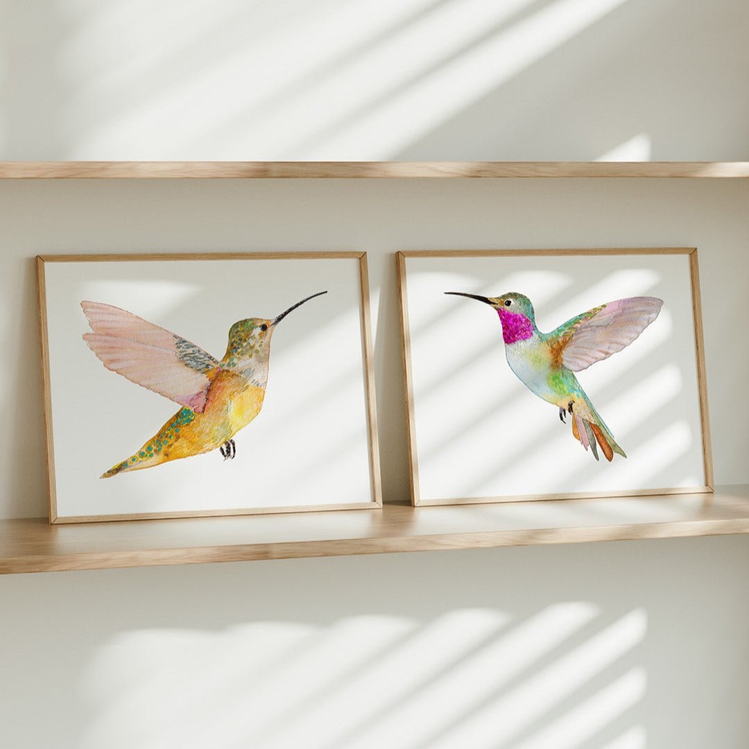 Wall Art: Watercolor Pair Slender Wood Frames Bird Illustration