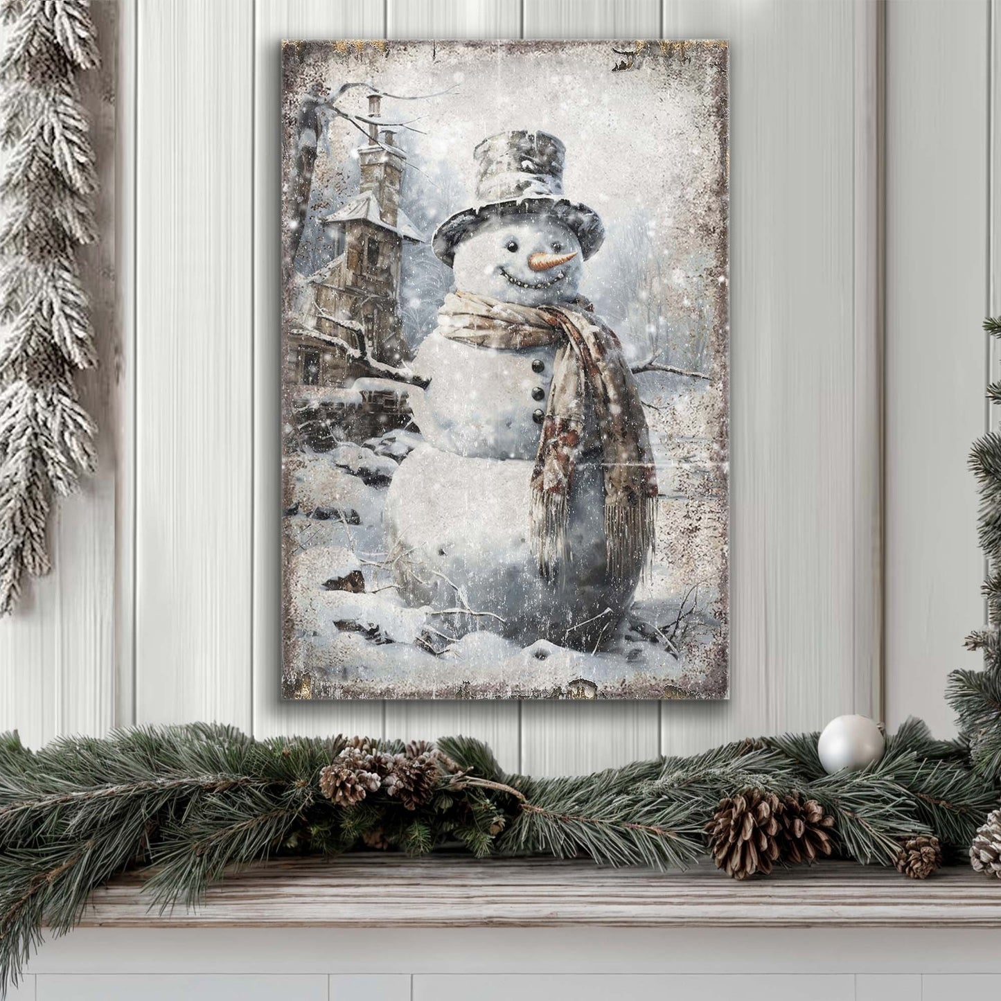 Wall Art Weathered Border Vertical Vintage Snowman Art