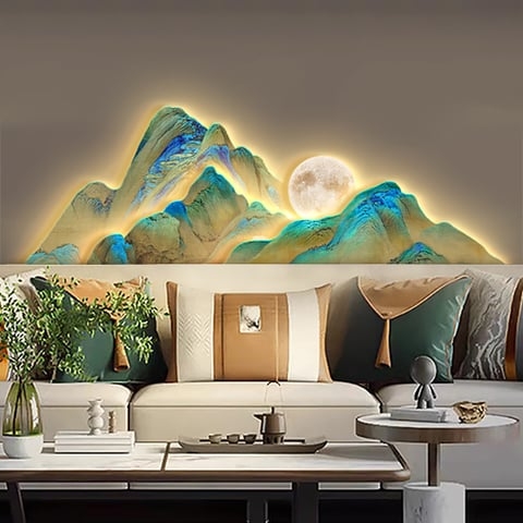 Wall Art with Backlit Mountain Peaks and Glowing Moon Disc Zen Decor