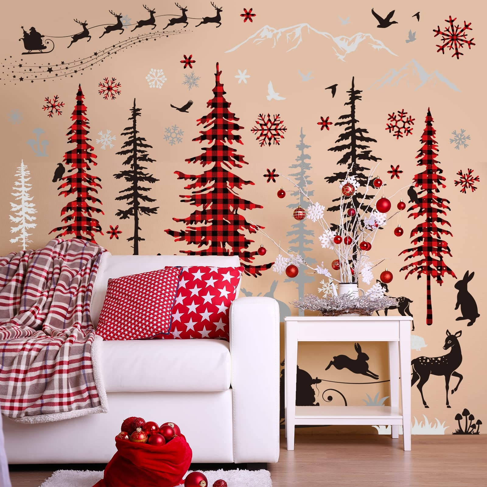 Wall Decal: Buffalo Plaid Trees and Reindeer Sleigh Decals