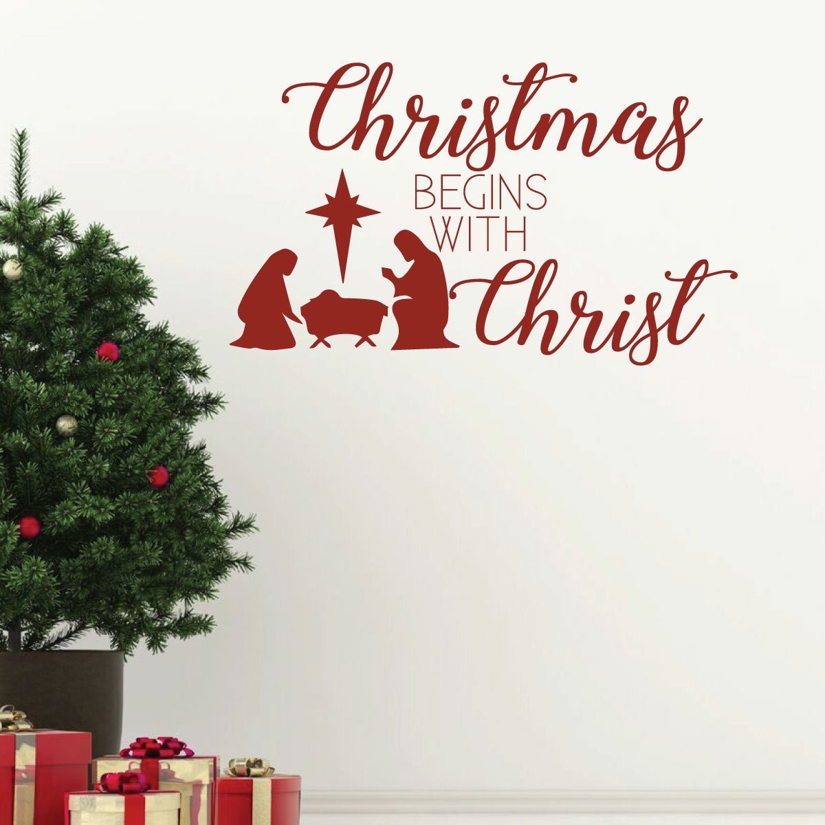 Wall Decal: Burgundy Red Nativity Silhouette Holiday Graphic