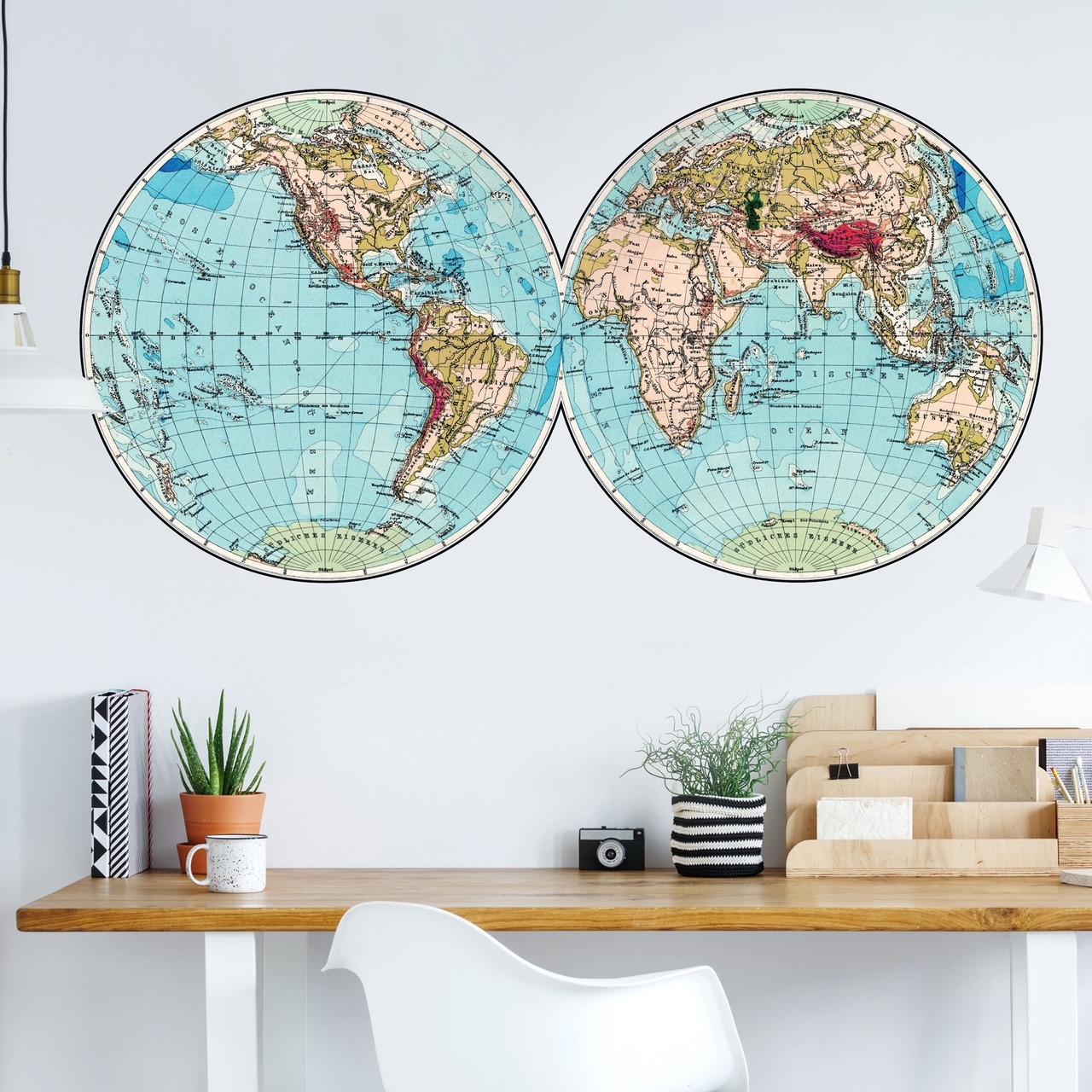 Wall Decal: Double Hemisphere Teal Vintage World Map Wall Decal