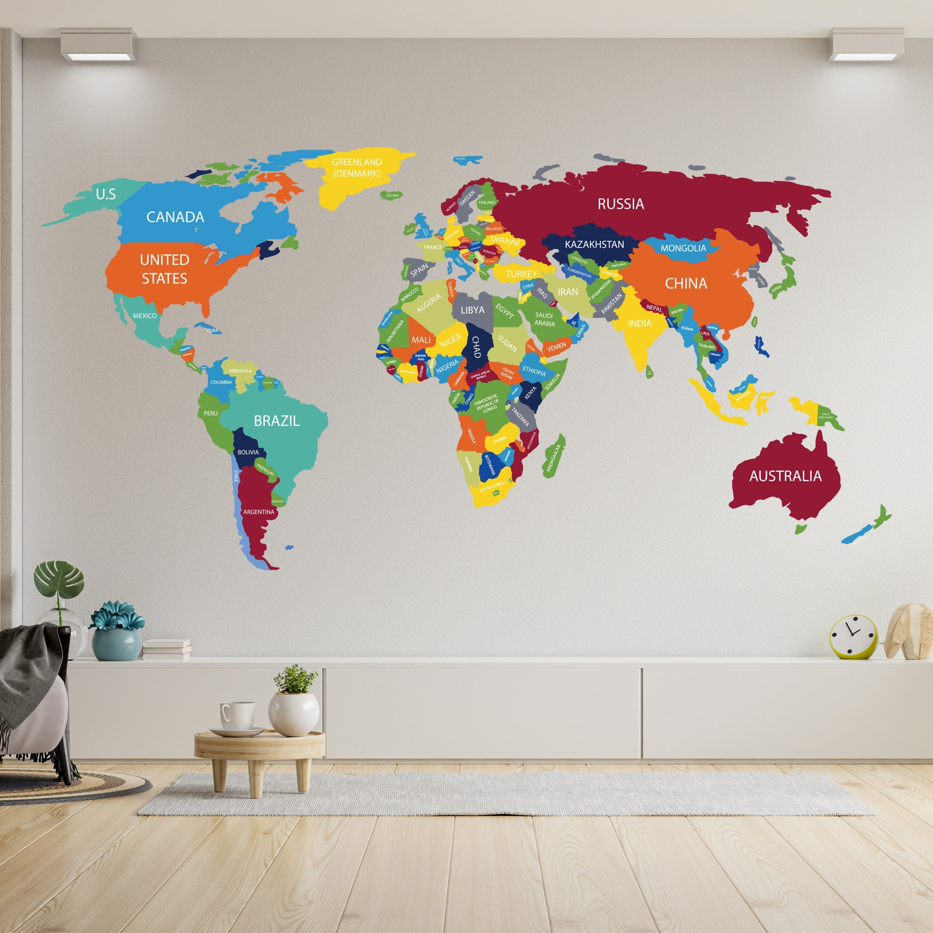Wall Decal: Giant Scale Country Labels Colorful World Map Mural