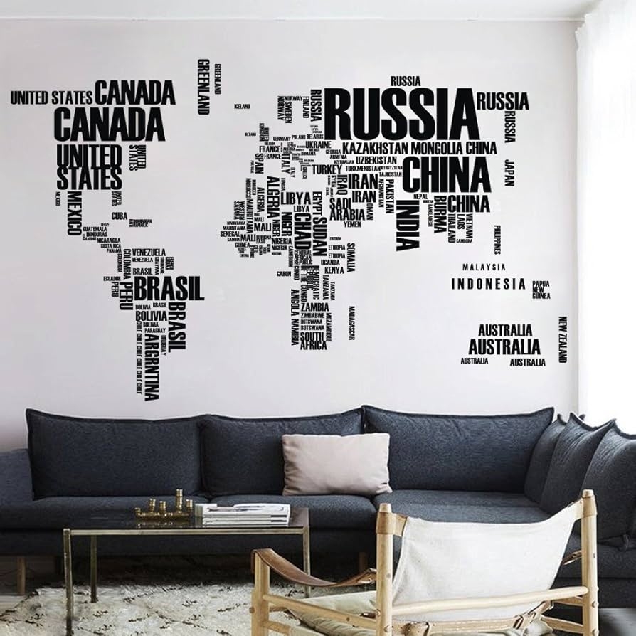 Wall Decal: Matte Black Typographic Map Minimalist Map Wall Graphic