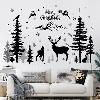 Wall Decal: Matte Black Woodland Silhouette Forest Mural