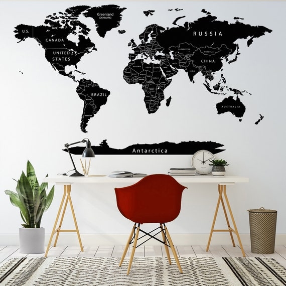 Wall Decal: Political World Map Red Detailed Travel Map Decor