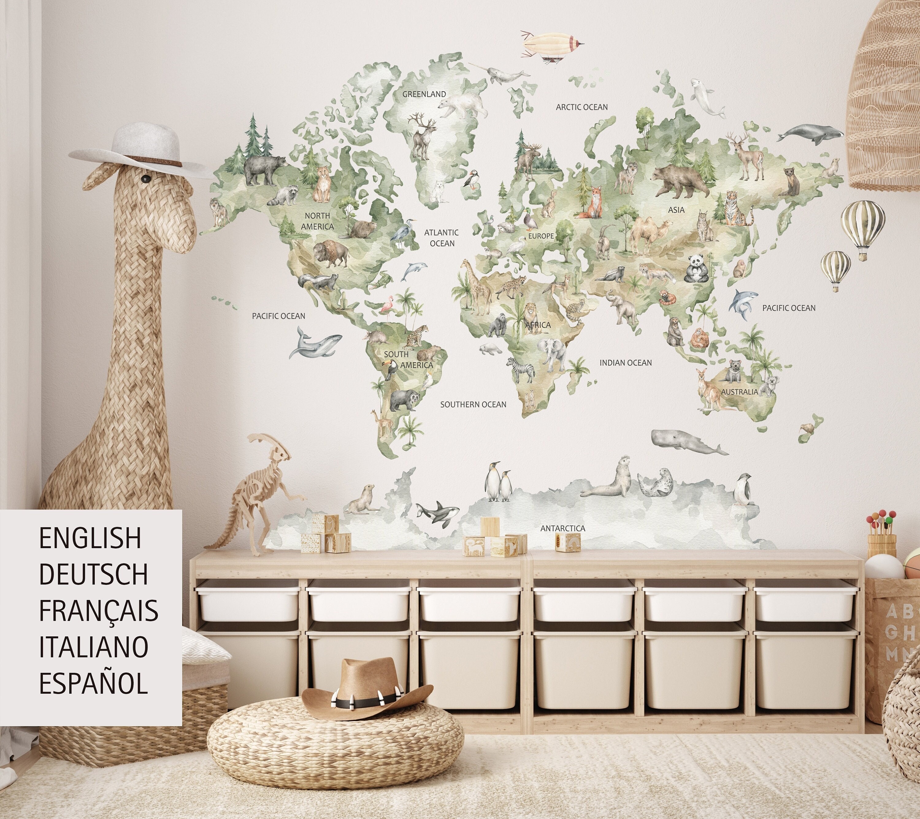 Wall Decal: Sage Watercolor Map Motif Neutral Nursery Wall Decals