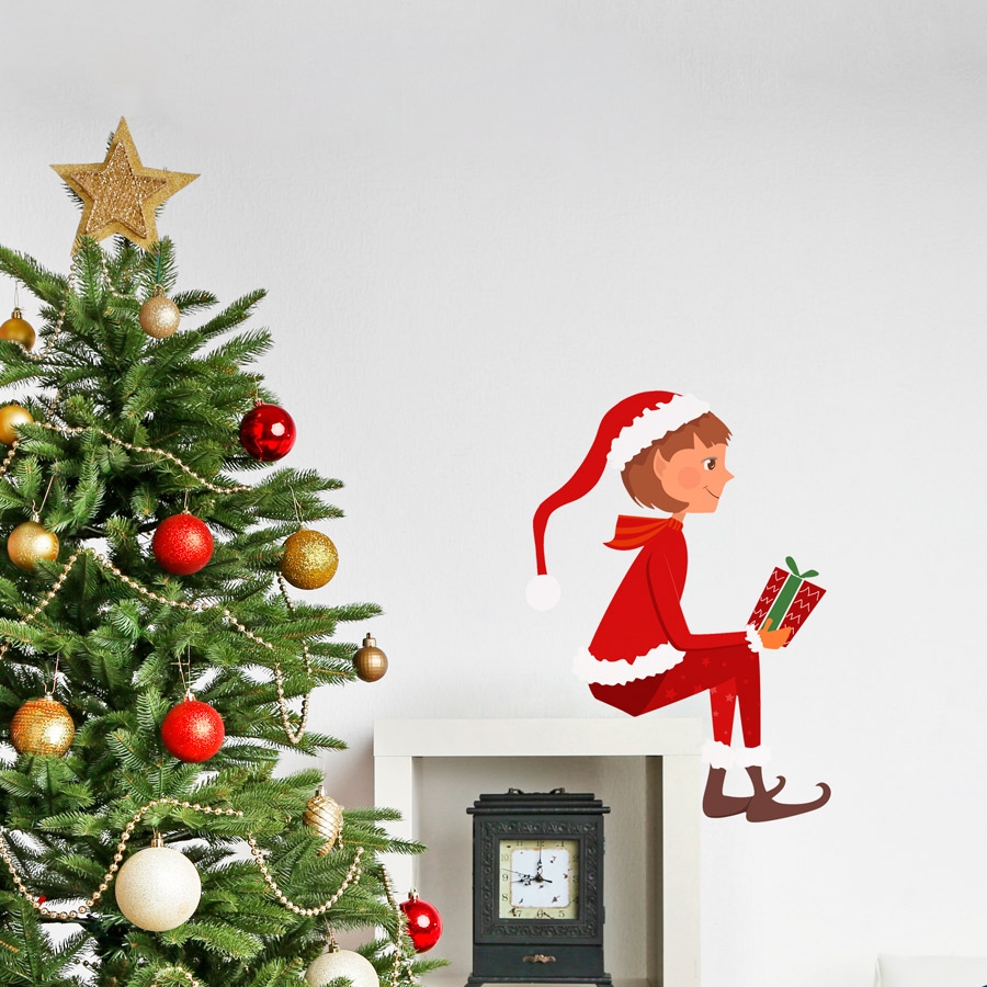 Wall Decal: Sitting Elf Pose Holiday Illustration for Mantels