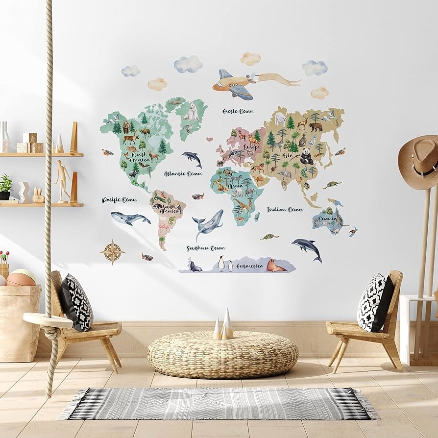 Wall Decal: Watercolor Map Woven Pouf Scandinavian Playroom Decor