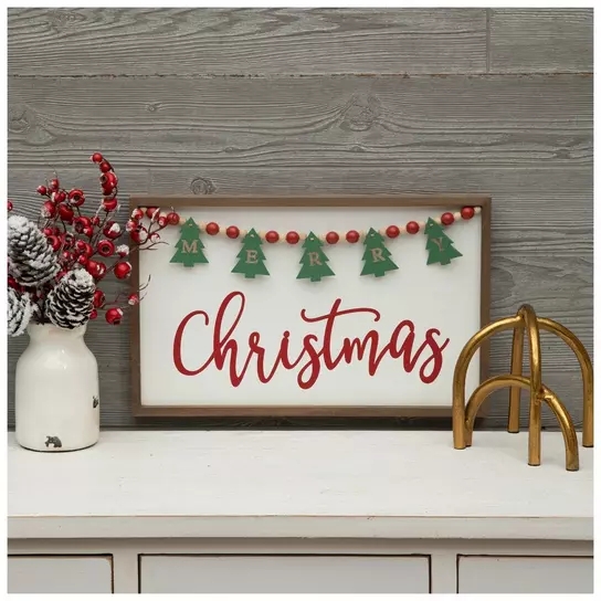Wall Decor Beaded Garland Merry Christmas Wood Sign