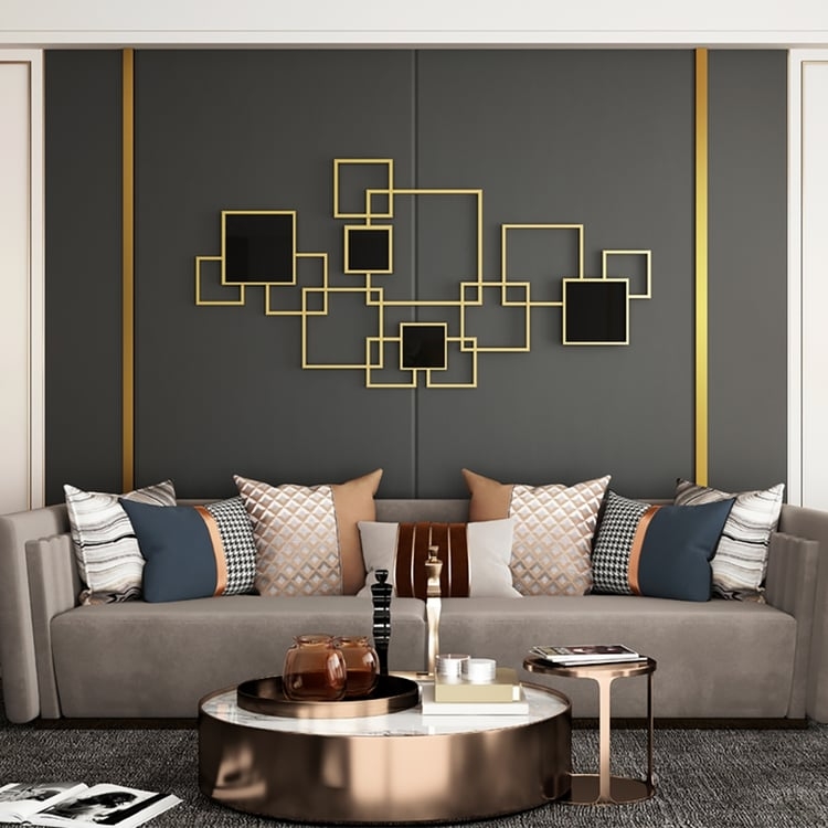 Wall Decor: Interlocking Squares Brushed Frame Solid Black Panels