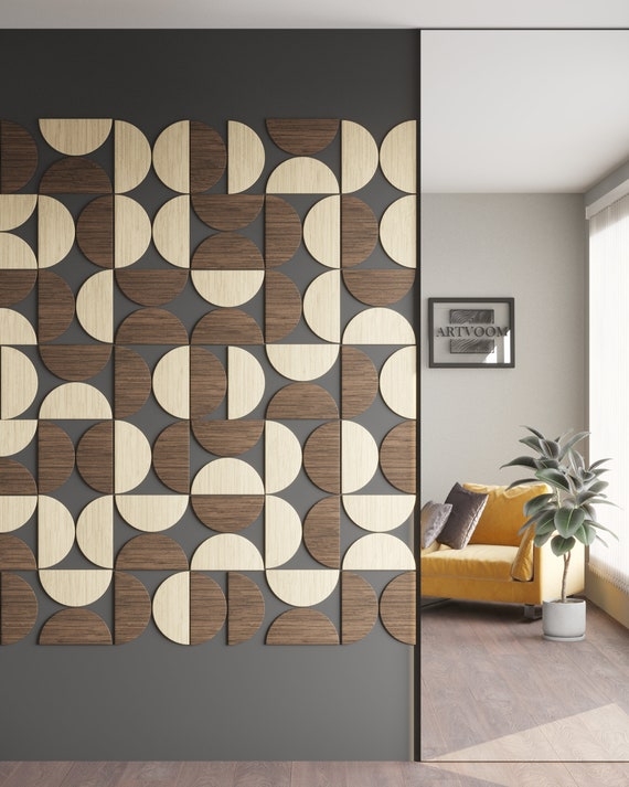 Wall Decor with Two Tone Wood Semi Circle Shape Geometric Panels