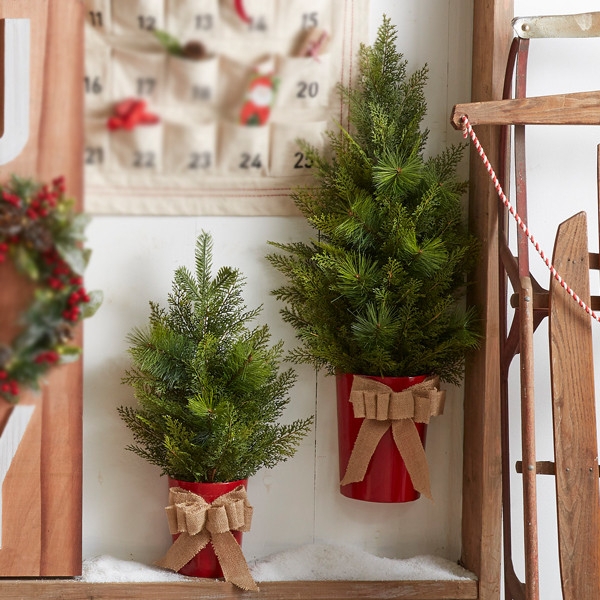 Wall Hanging Tree: Glossy Red Pot Potted Evergreen