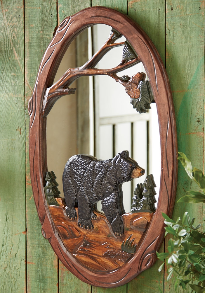 Wall Mirror Black Bear Carving 3D Relief Woodland Motif