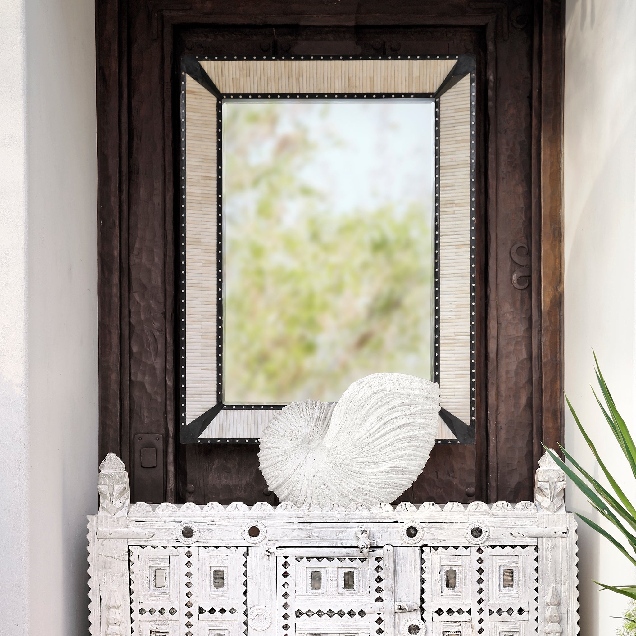 Wall Mirror Bone Inlay Hand Carved Artisan Inlaid