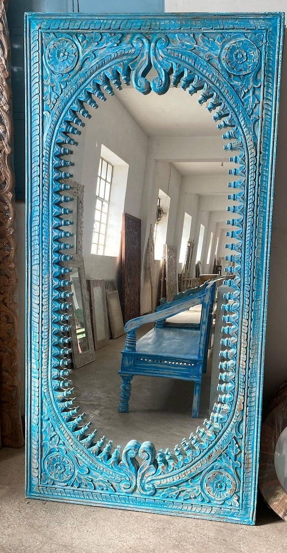 Wall Mirror Distressed Blue Indian Mirror Spire Border