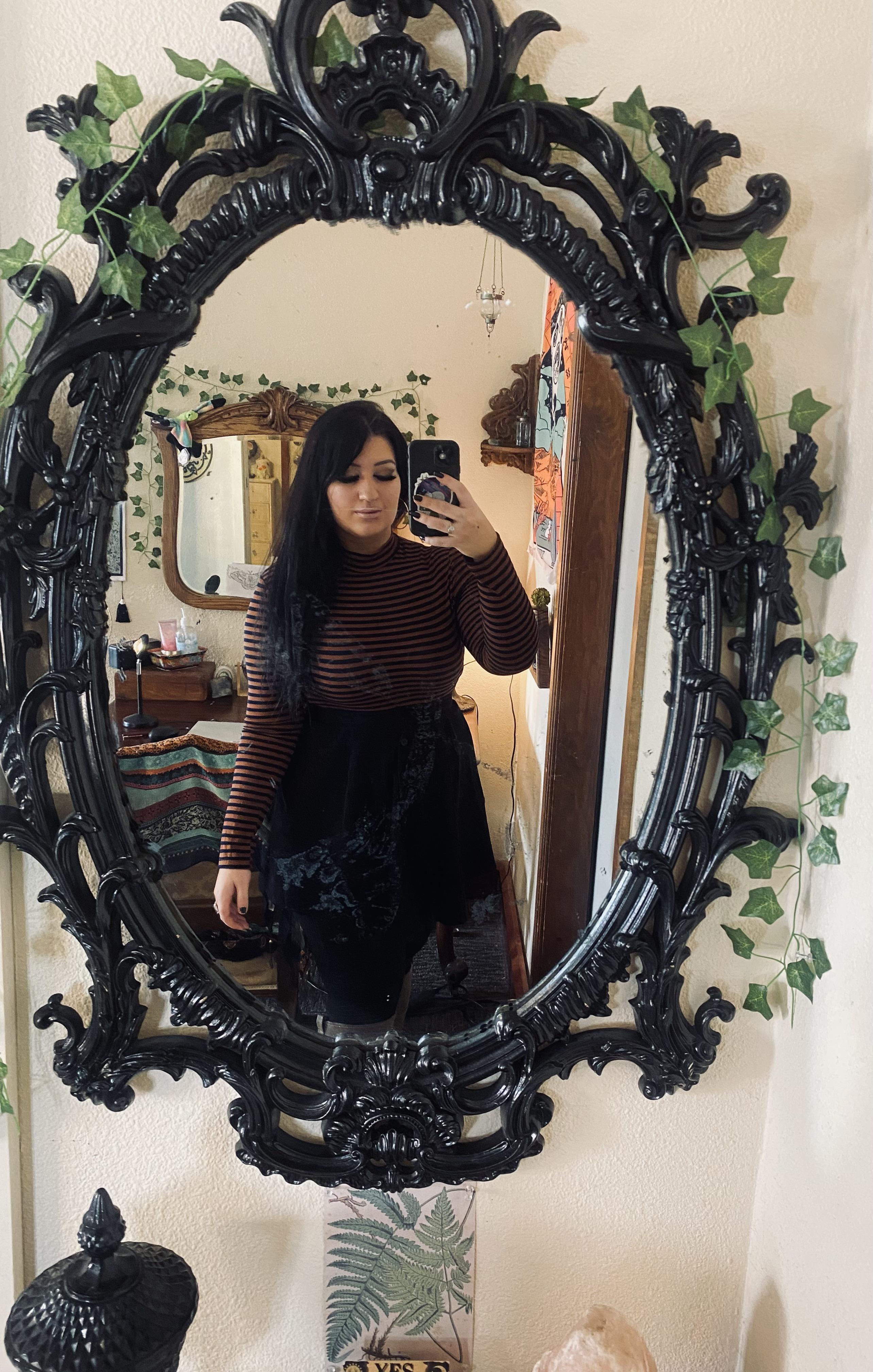 Wall Mirror featuring Baroque Frame and Ornate Jet Black Carvings