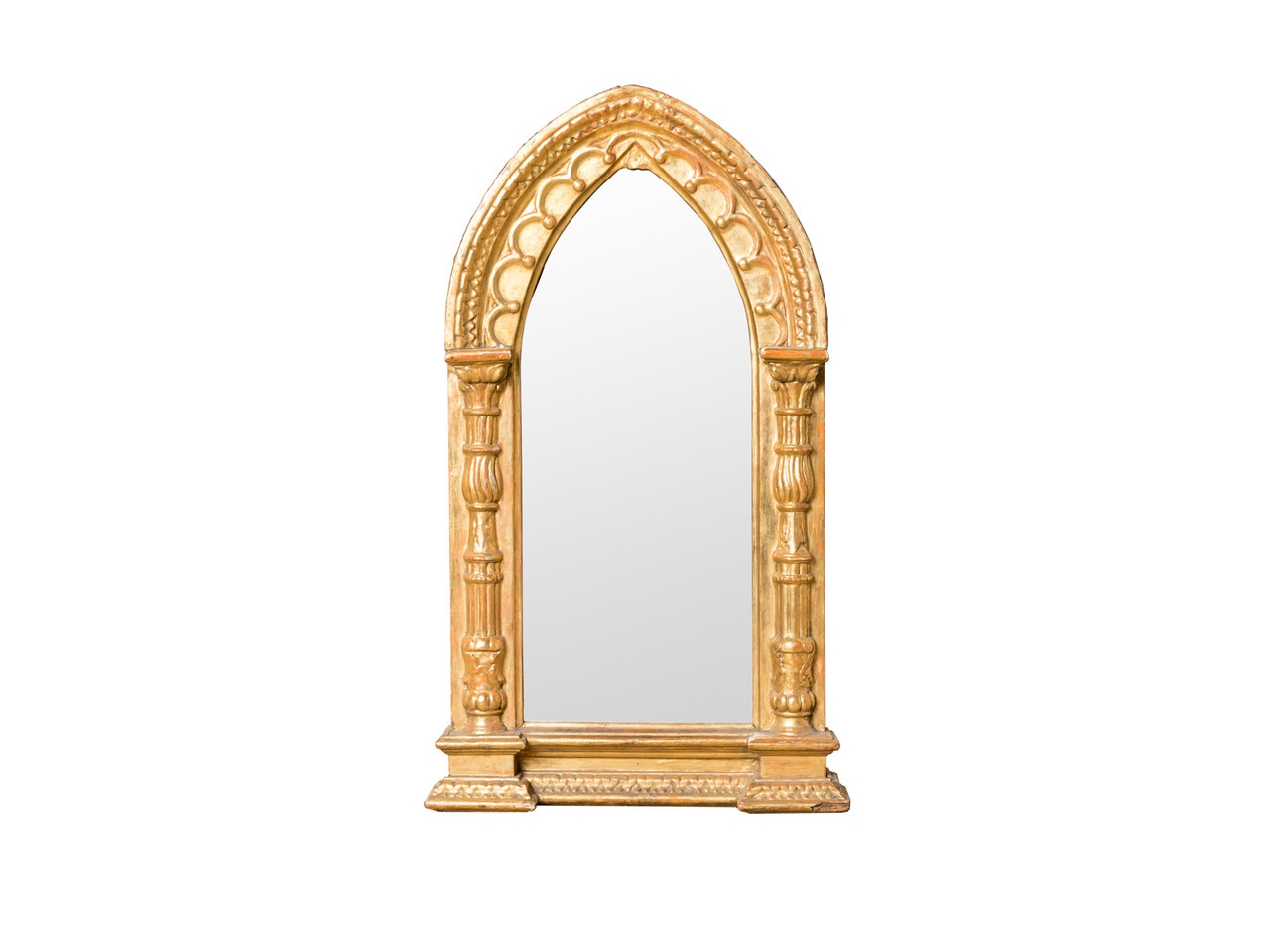 Wall Mirror featuring Pointed Arch and Fluted Columns, Gilded Antique