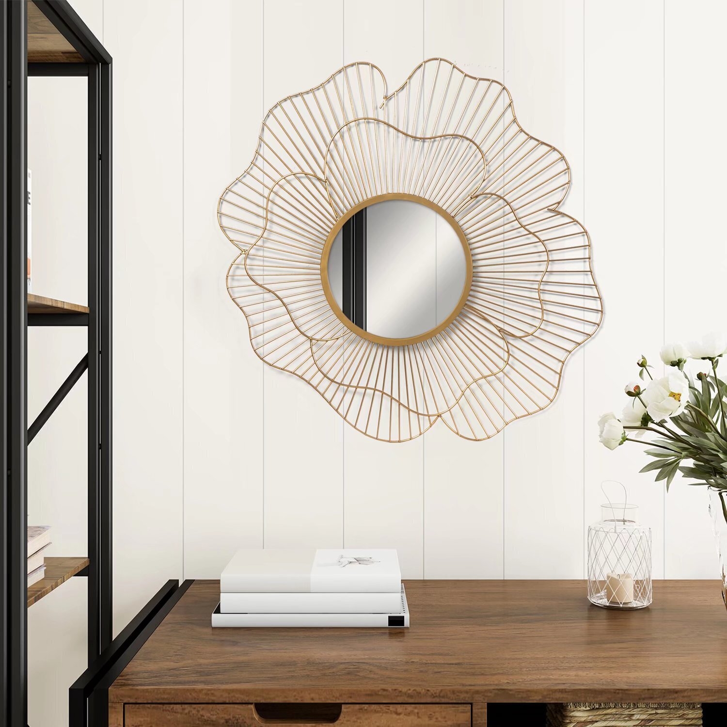 Wall Mirror: Gold Tone Flower Shape Wireframe Modern Petal Art