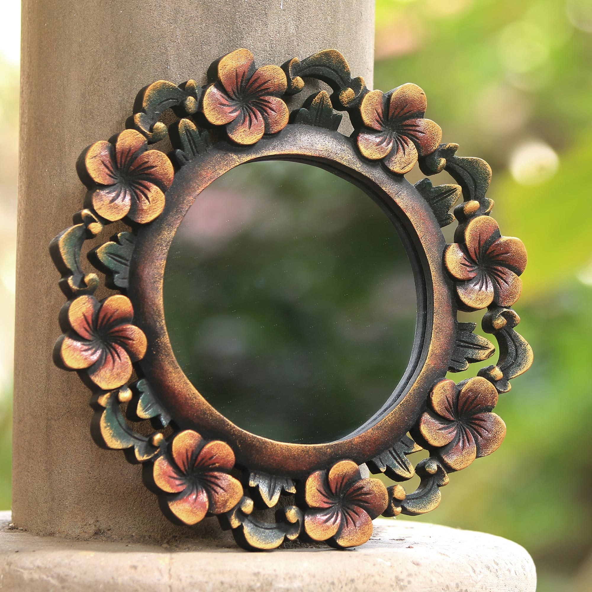 Wall Mirror Plumeria Floral Mirror Hand Carved Wood
