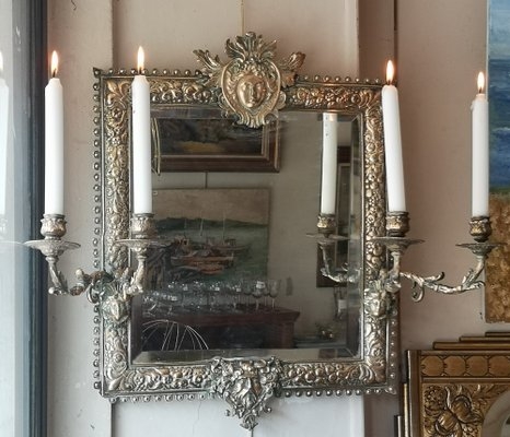 Wall Mirror with Integrated Candleholders, Patinated Bronze