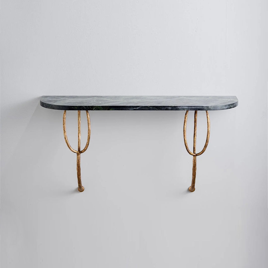 Wall Mount Console Green Marble Top Gold Sculptural Wall Shelf