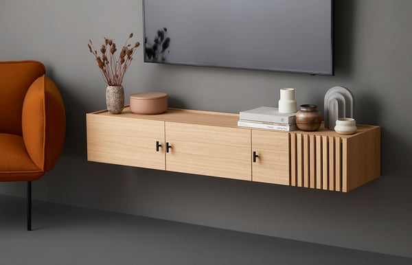 Wall Mounted Console Vertical Slats Floating Slatted Wood Console