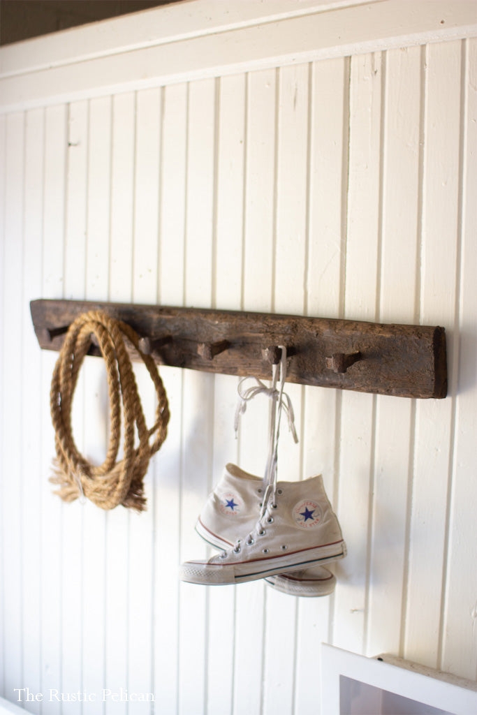 Wall Mounted Rack with railroad spike hooks vintage metal nail hooks