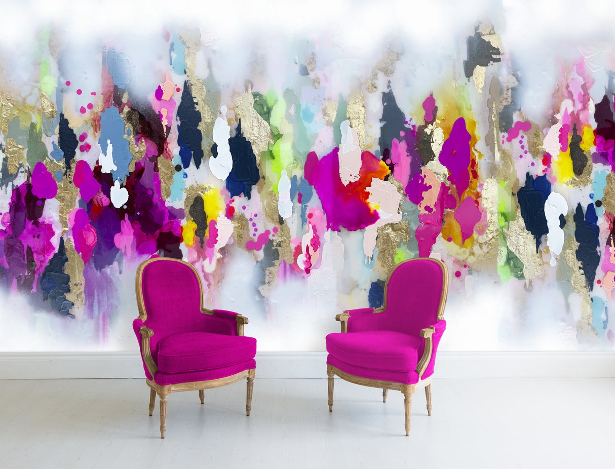 Wall Mural featuring Vibrant Magenta Upholstery and Painterly Art
