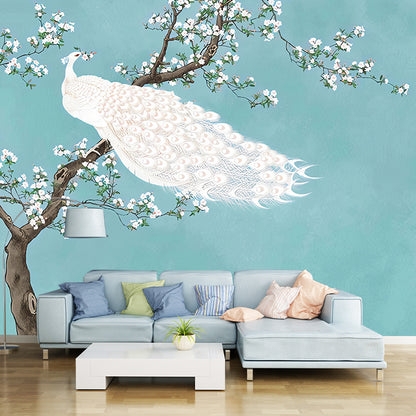 Wall Mural in White Peacock Motif and Teal Textured Background Art