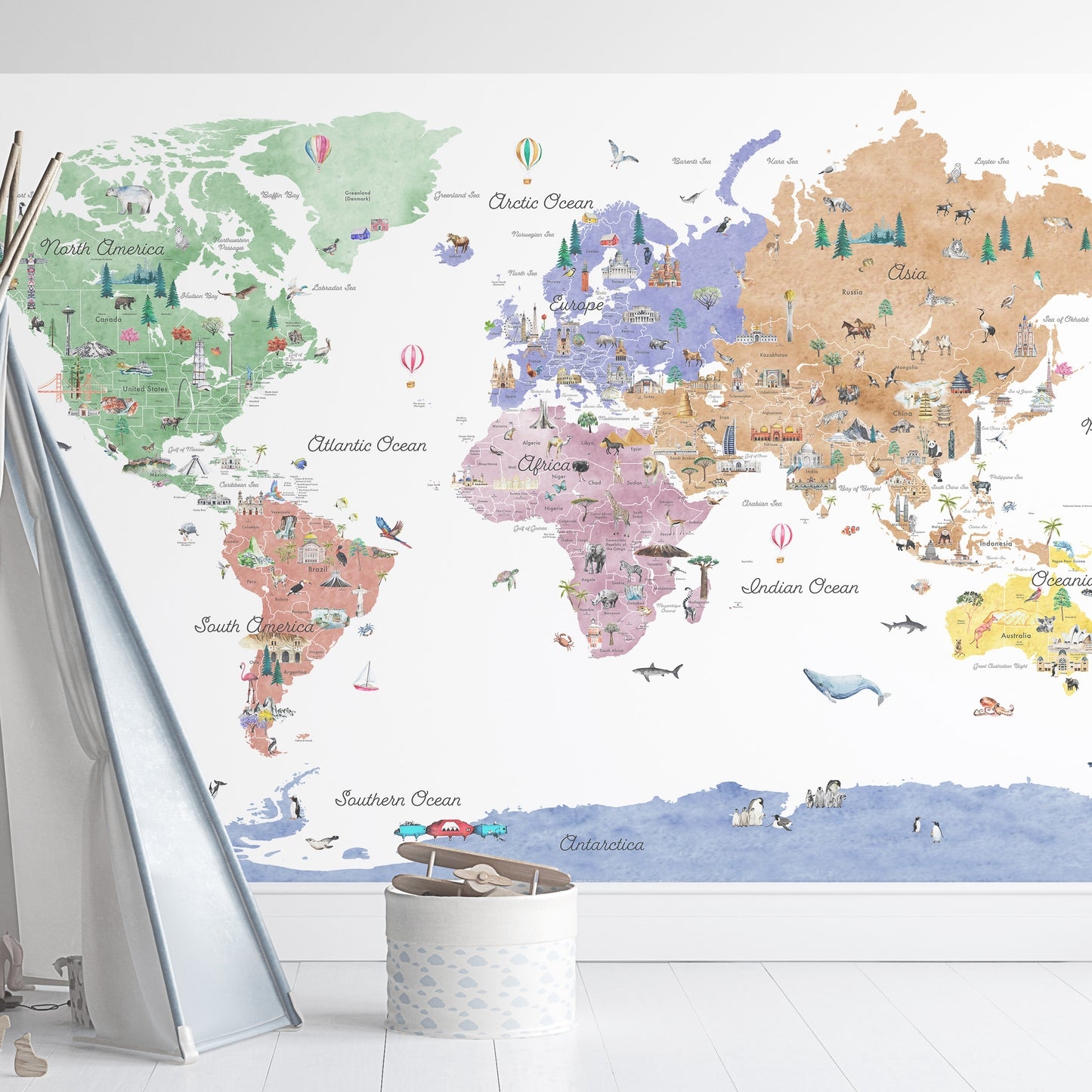 Wall Mural: Pastel Educational Theme Pastel Animal Map Mural