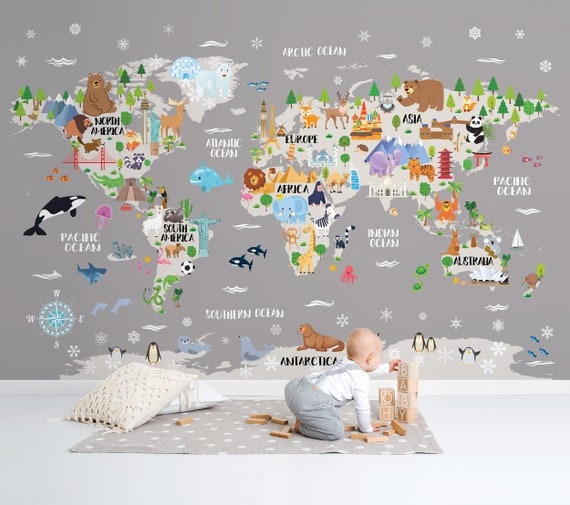 Wall Mural: Slate Gray Animal Icons Whimsical Safari Wall Art