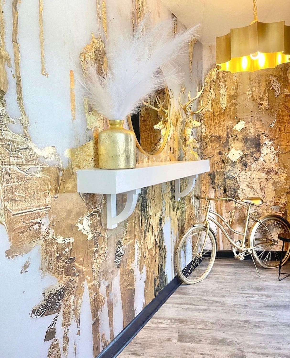 Wall Mural with Distressed Metallic Finish for Oversized Gold Art