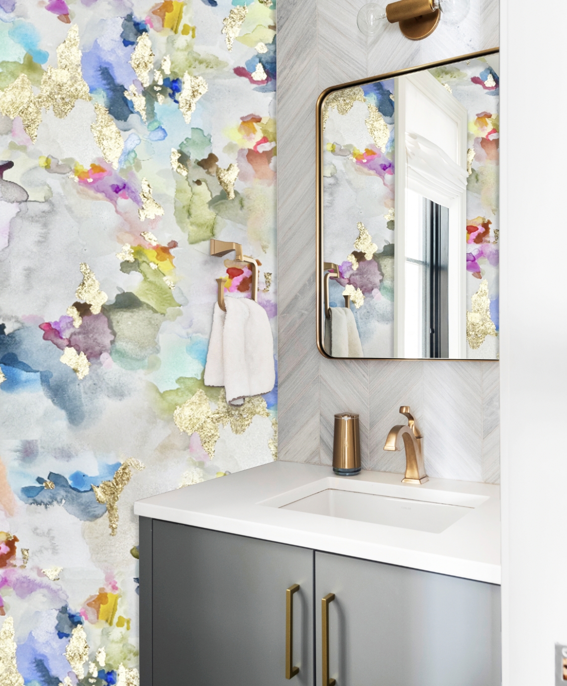 Wall Mural with Herringbone Tile for Gold Leaf Watercolor Art