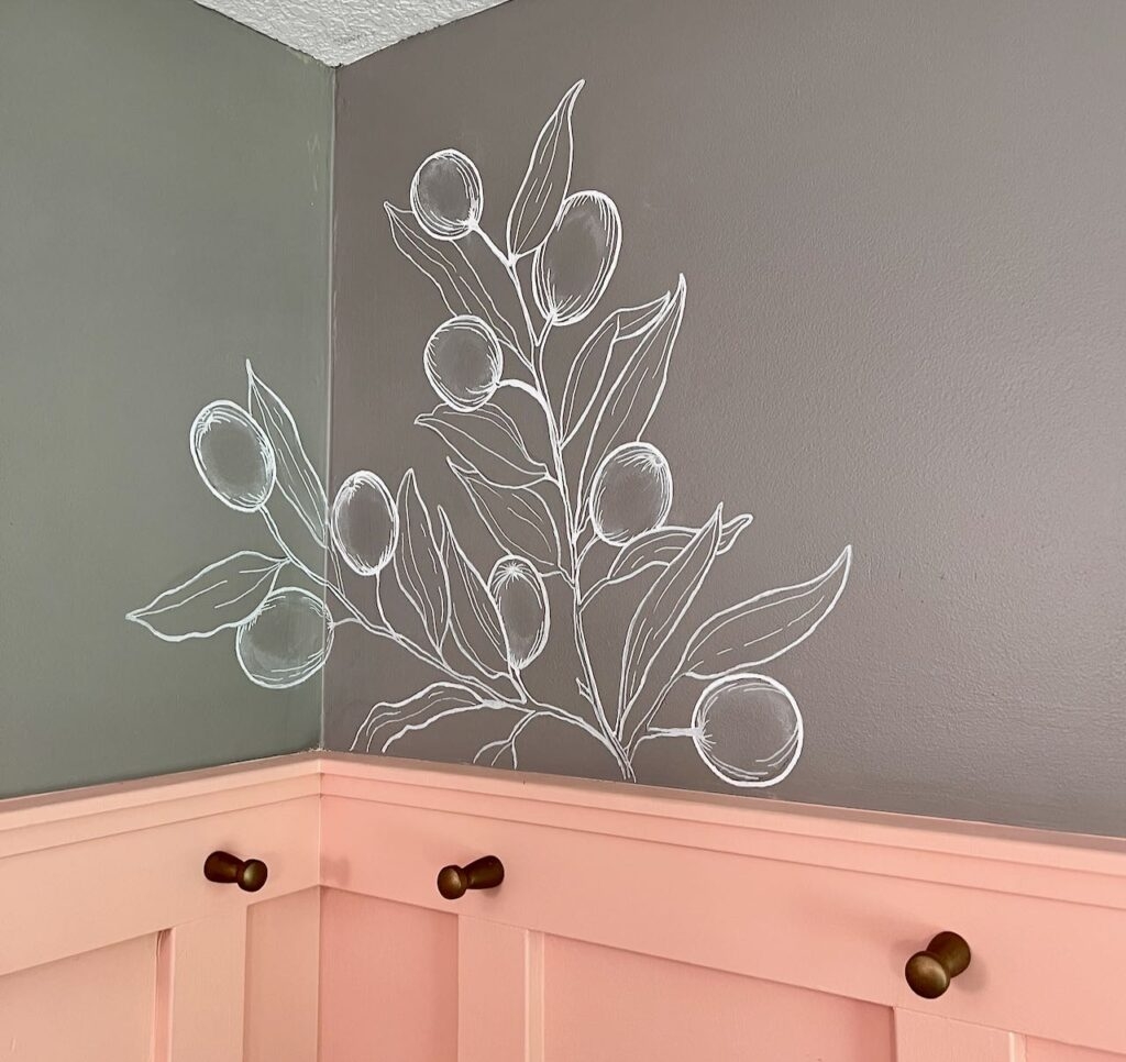 Wall Mural with Line Art Mural and Pink Paneling Botanical Theme
