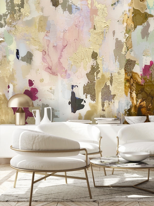 Wall Mural with Low Profile Chairs and Oversized Abstract Art