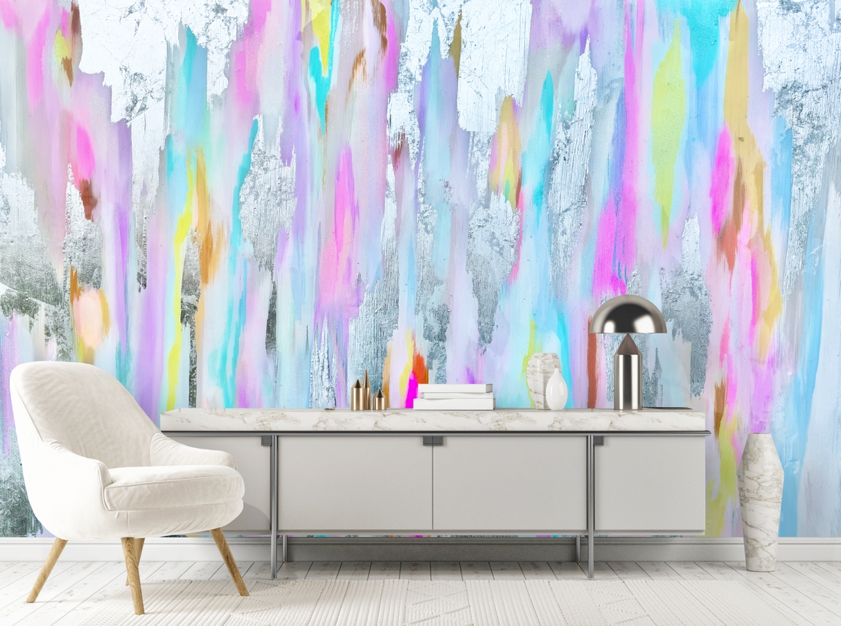 Wall Mural with Vertical Brushstrokes and Abstract Watercolor
