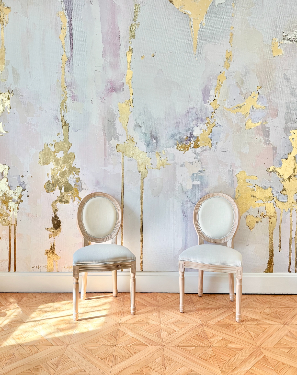 Wall Mural with Watercolor Wash and Abstract Gold Foil Accents
