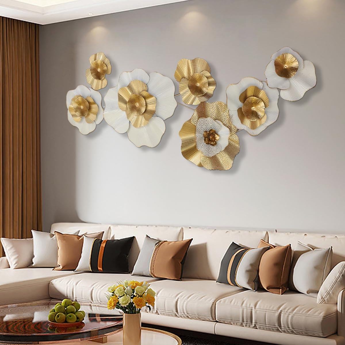 Wall Sculpture: 3D Floral White and Champagne Perforated Metal Art